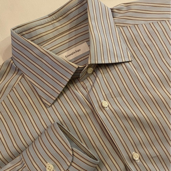 ERMENEGILDO ZEGNA Men’s Luxurious Button Down Blue White Brown Striped Shirt L - Picture 1 of 7
